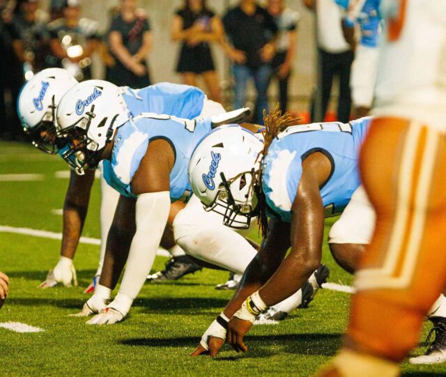 Lineman pre snap lined up during Shadow Creek vs Alvin varsity football game 2025