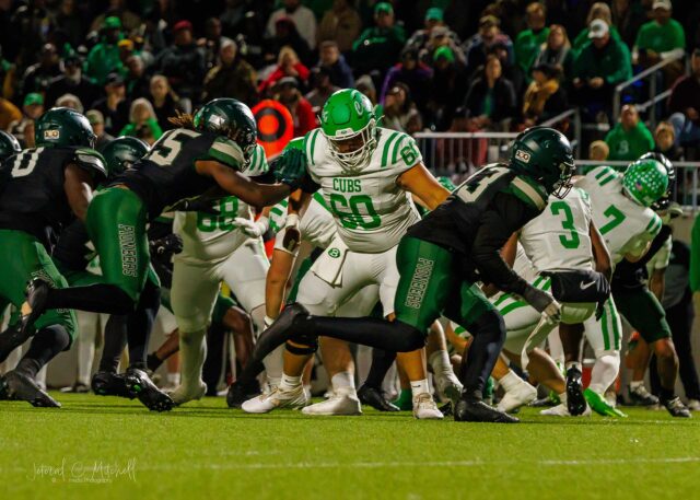 Papo Najera Brenham senior offensive lineman blocking on the line vs Iowa Colony – Gameday Sports Journal, Jeteral C. Mitchell, JCurtis Media