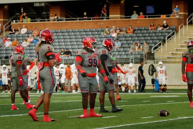 2026 Manvel vs Alvin Varsity Football-22 Manvel defensive linemen Amir Bowers and Jacob Jinkx line up against the Alvin Yellowjackets