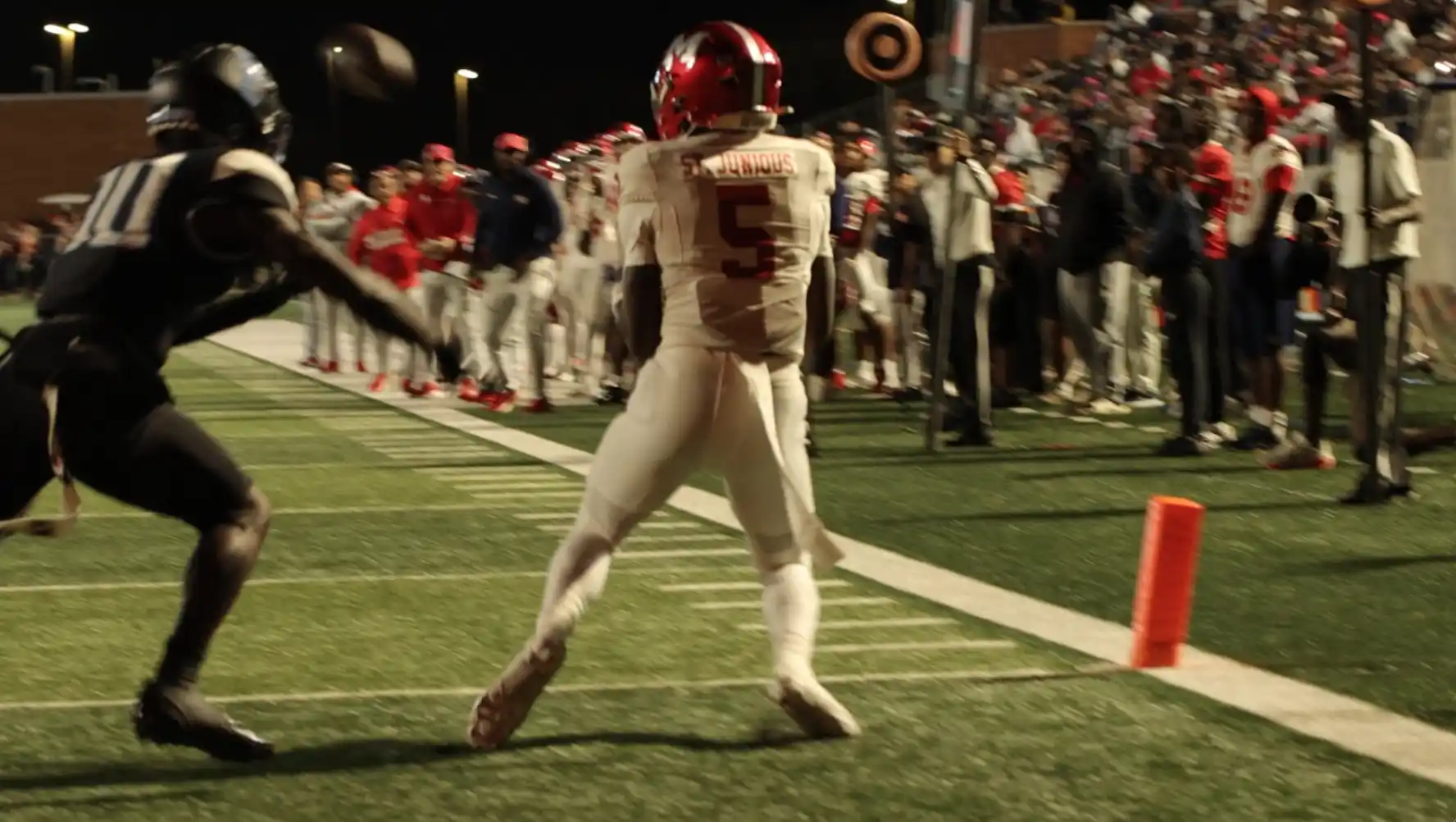 Manvel number 5 Carter St. Junious on his touchdown reception against Shadow Creek.