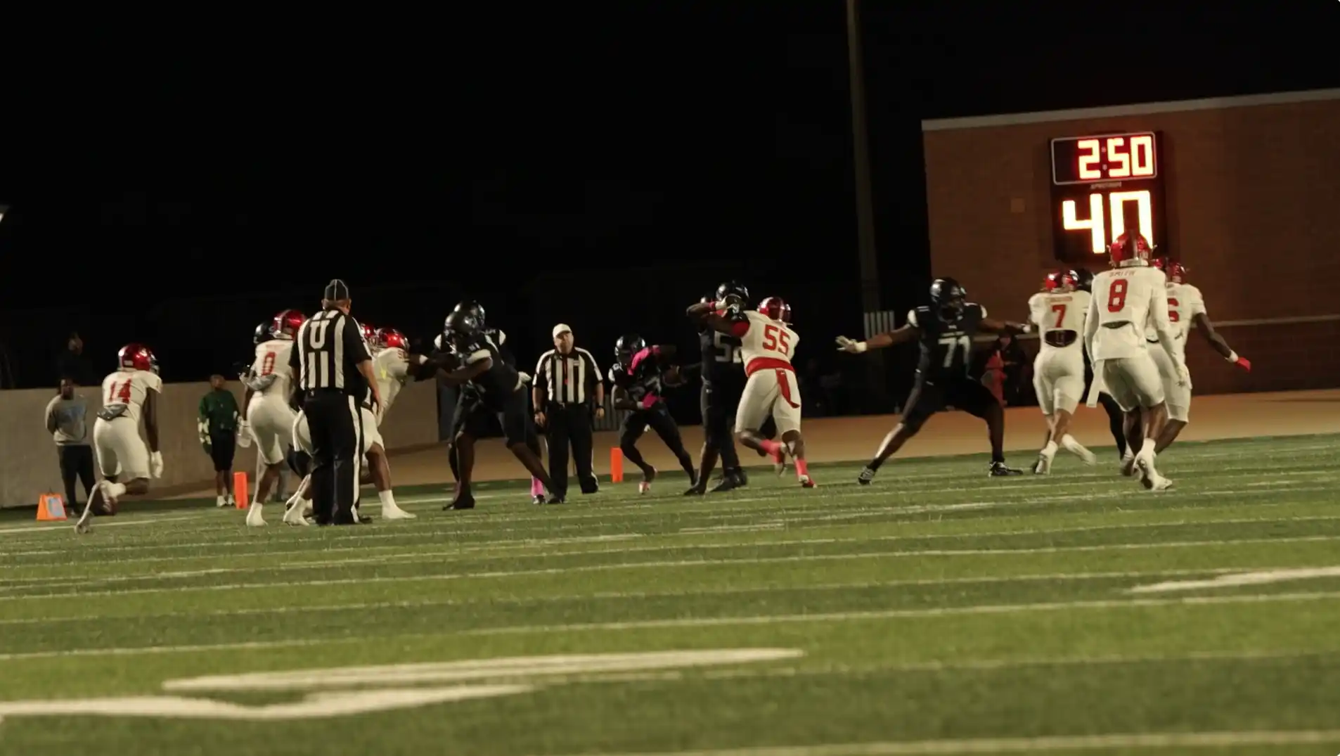 Shadow Creek offensive lineman Makai Edwards number 71 in pass protection against Manvel.
