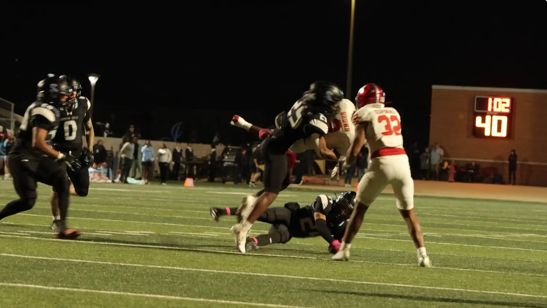 Shadow Creek defenders pursuing the play against Manvel in the Battle of 288.